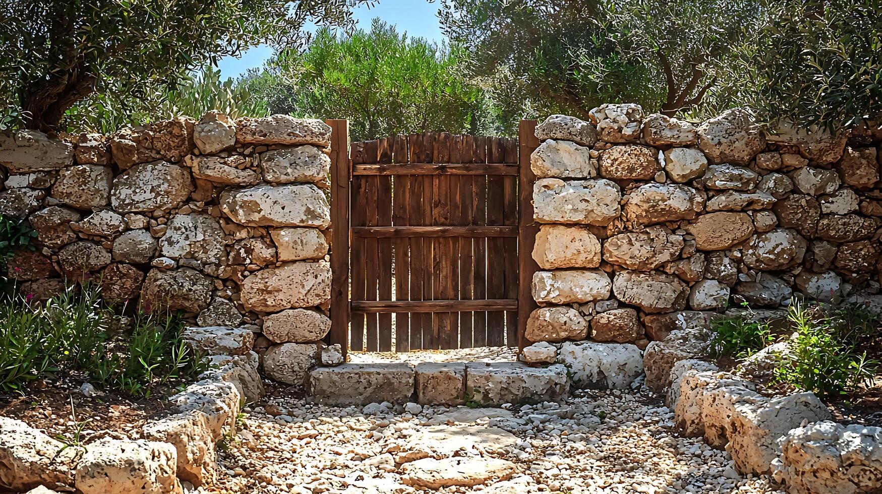 Rustic Stone Wall with Wooden Gate and Olive Trees. A picturesque scene of an old stone wall, partially open wooden gate, and lush greenery. photo