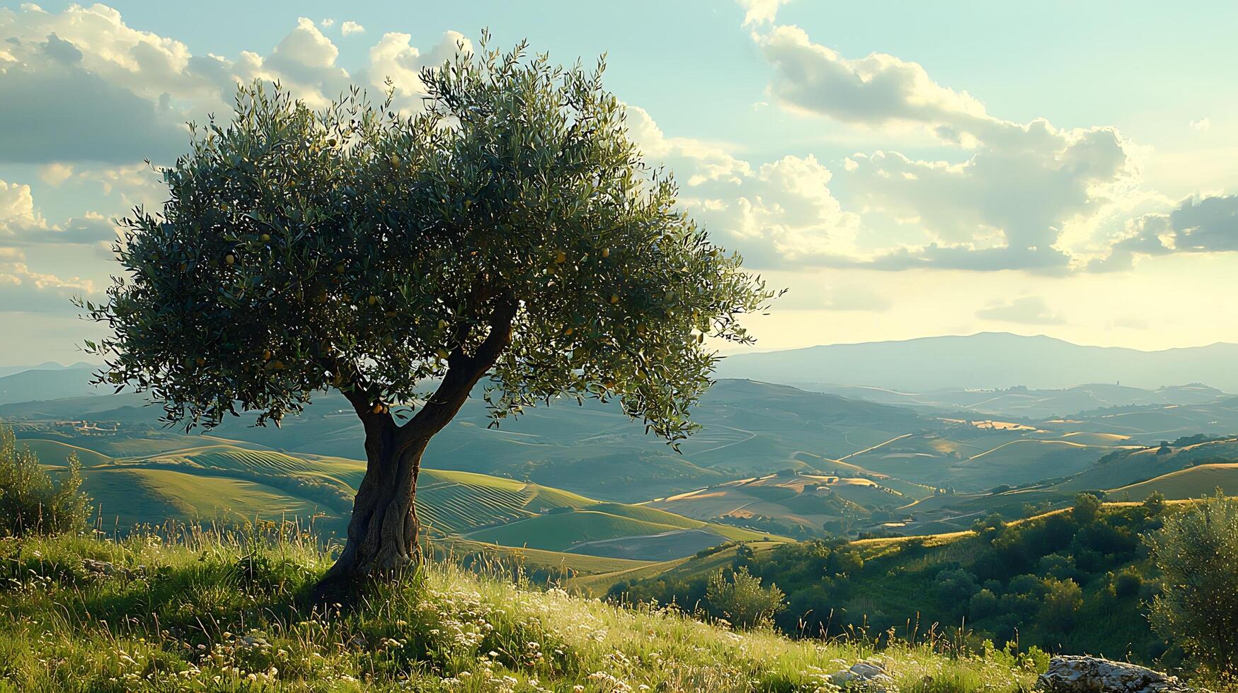 Ancient olive tree stands sentinel over rolling Tuscan hills at sunset. This picturesque scene captures the serene beauty of the Italian countryside under a warm, golden sky. photo
