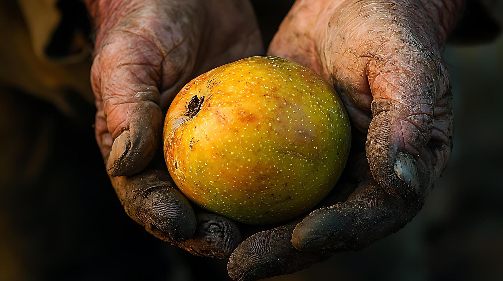 Hands cradle a ripe apple, showcasing the rewards of hard work and nature's bounty. The weathered, soil-stained hands symbolize dedication to the harvest. photo