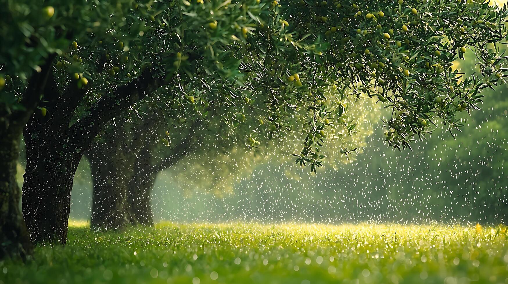 Lush Olive Trees in Gentle Rain Shower, Bathed in Sunlight. This image captures the serene beauty of an olive grove during a light rain, with sunlight filtering through the leaves. photo