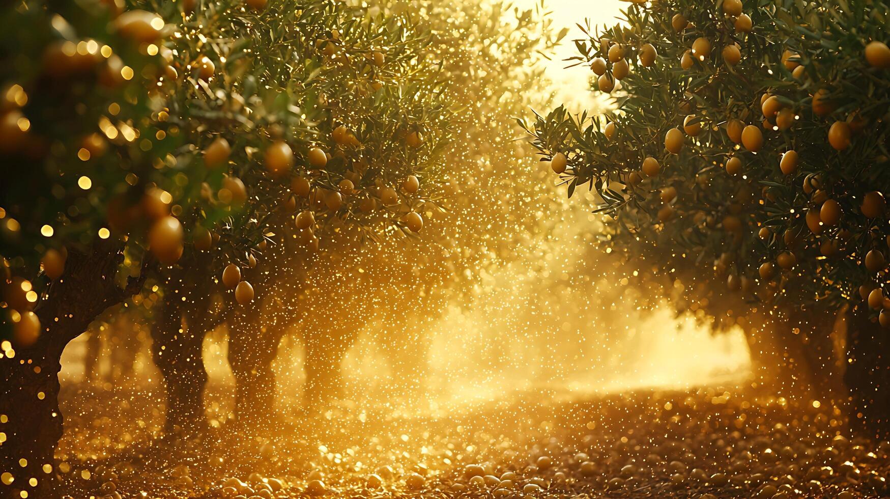Golden Oranges in a Sunlit Grove with Sparkling Light Effects. photo