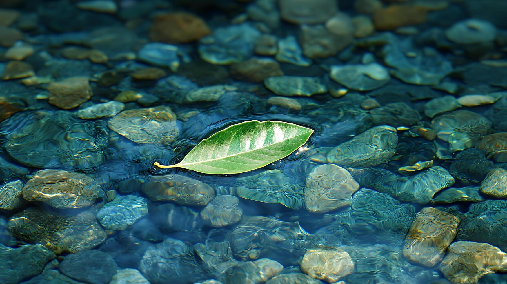 A lone green leaf floats on clear water over smooth pebbles. photo