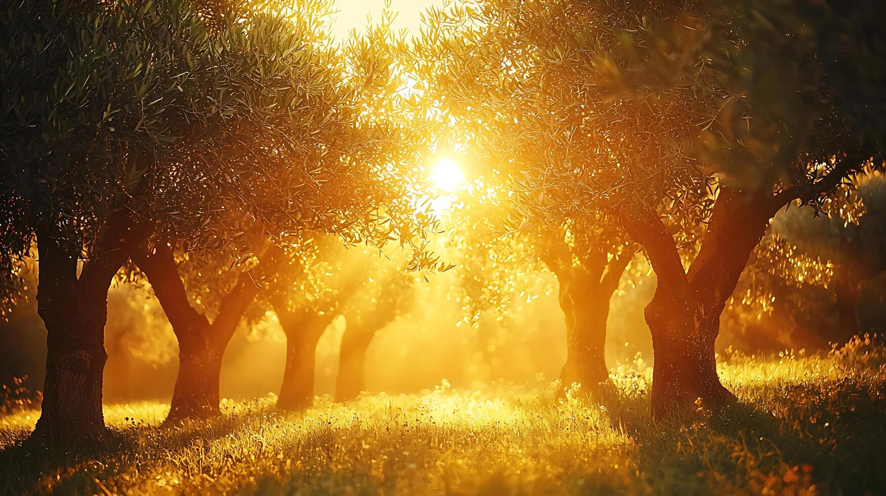 Golden Hour Sunbeams Through Olive Trees in a Meadow. photo
