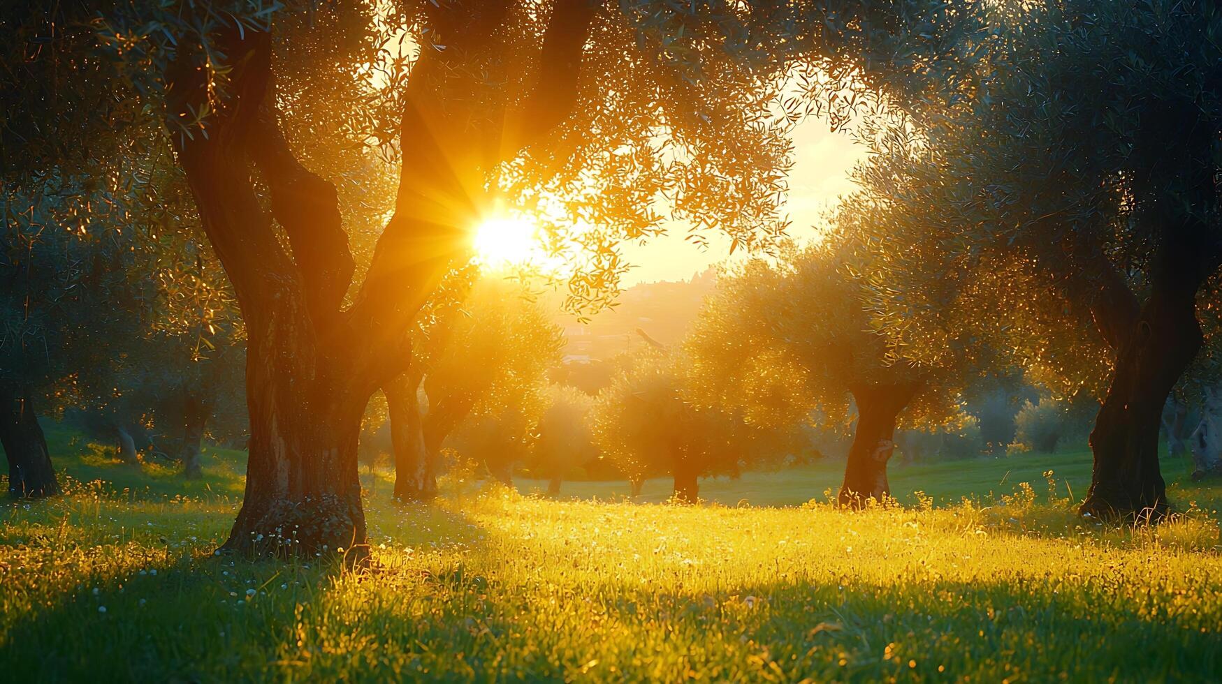 Golden Hour Sunbeams Through Ancient Olive Trees in a Meadow. photo
