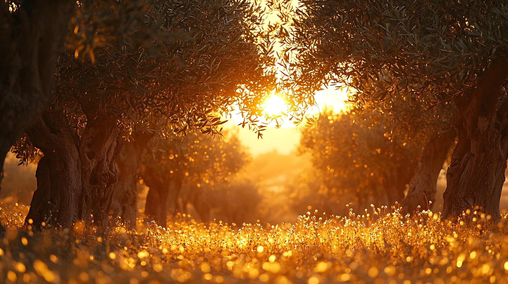 Golden Hour Sunburst Through Olive Grove Foliage. photo