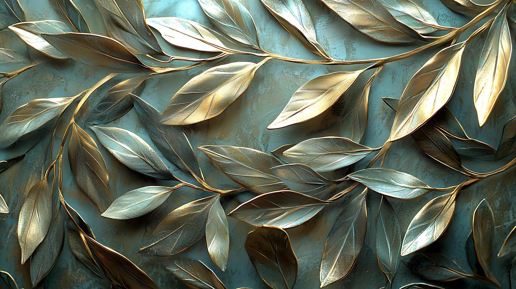 Elegant Metallic Leaves with Golden Accents on Textured Background. This abstract image showcases a sophisticated arrangement of metallic leaves, featuring intricate details and a luxurious feel. photo
