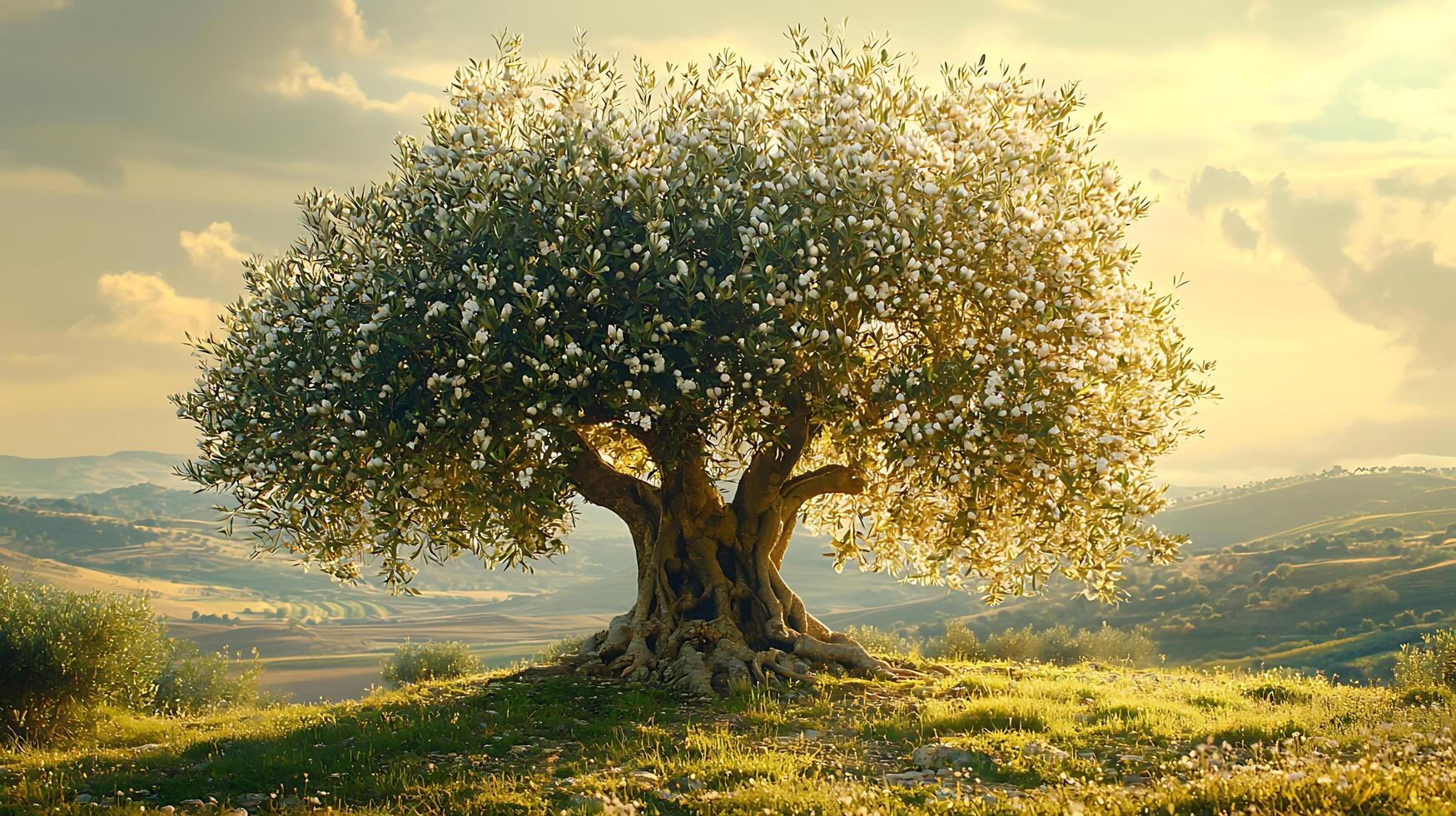 Ancient olive tree with blooming white flowers in a golden sunset landscape. photo