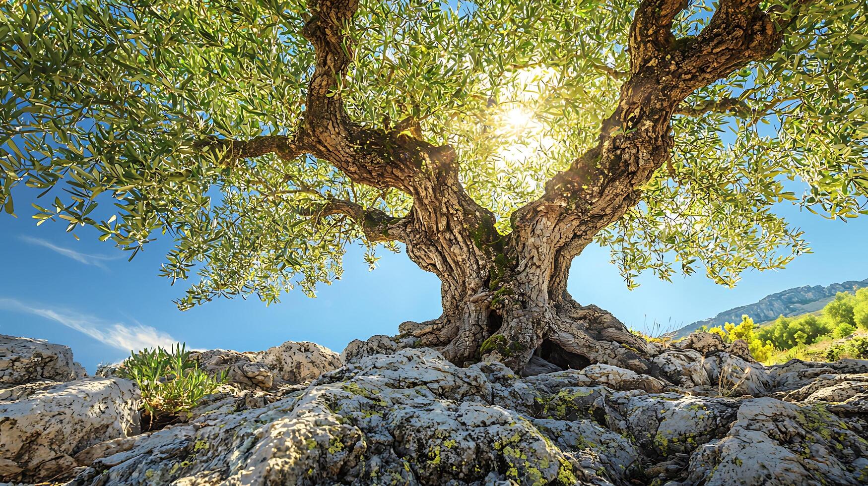 Ancient Olive Tree Bathed in Sunlight with Rocky Terrain. photo