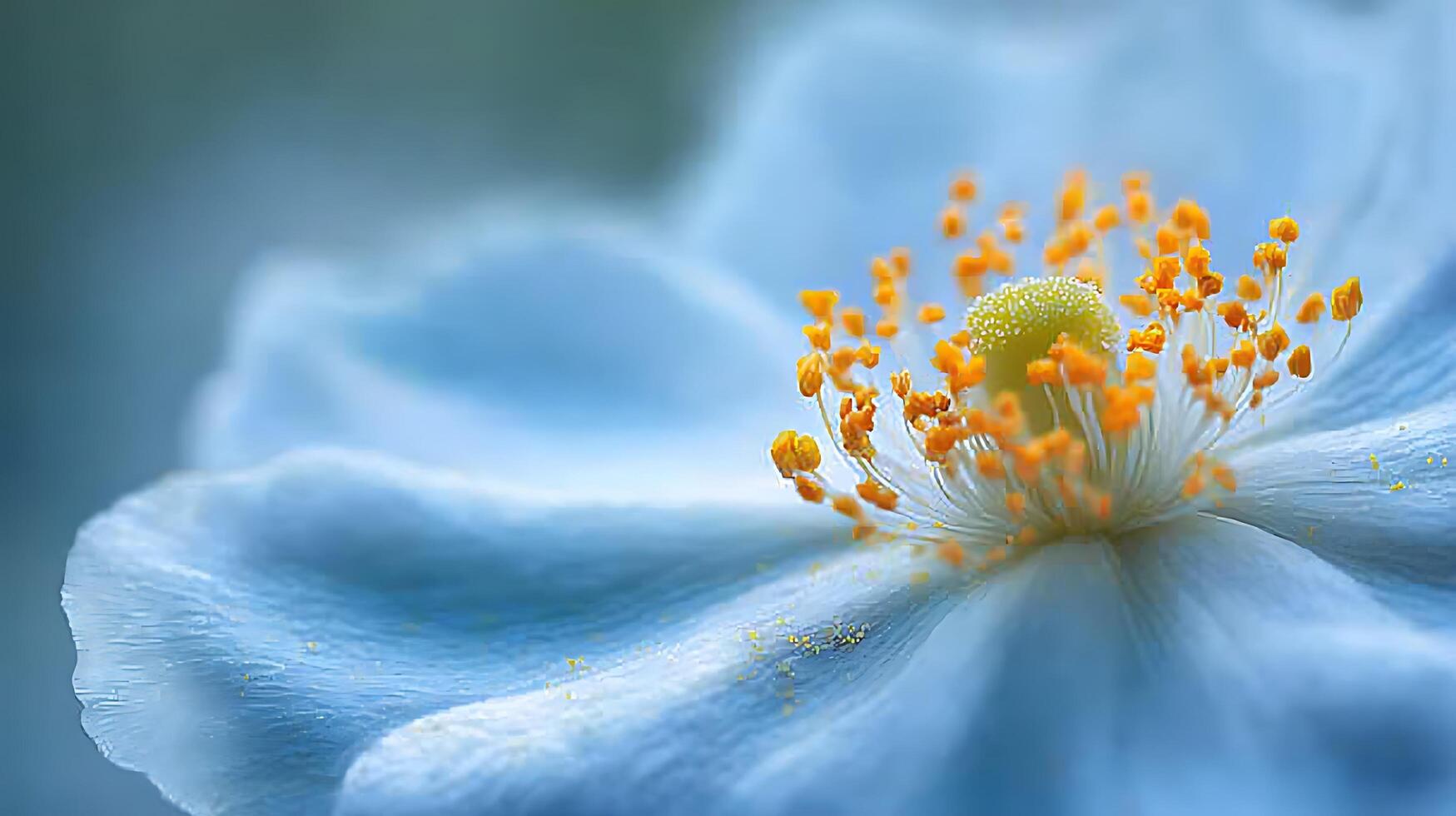 Delicate macro view of a blooming light blue flower with vibrant orange stamens. photo