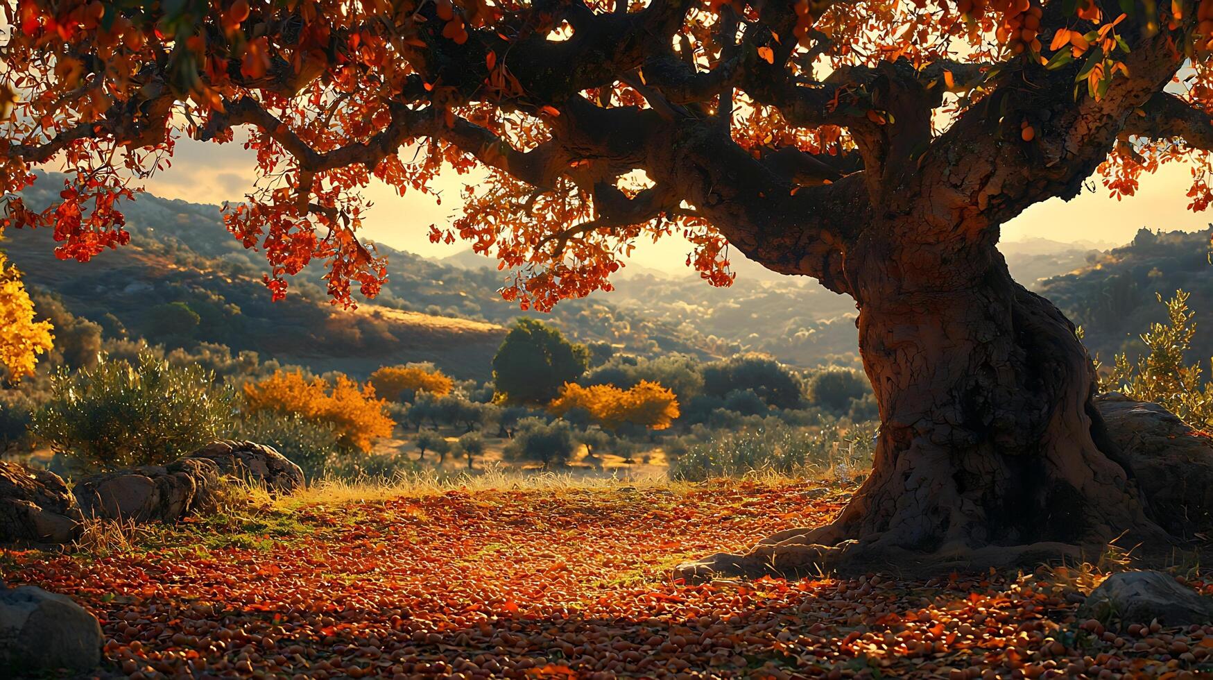 Golden Hour Light on an Ancient Autumn Tree in a Rolling Landscape. photo