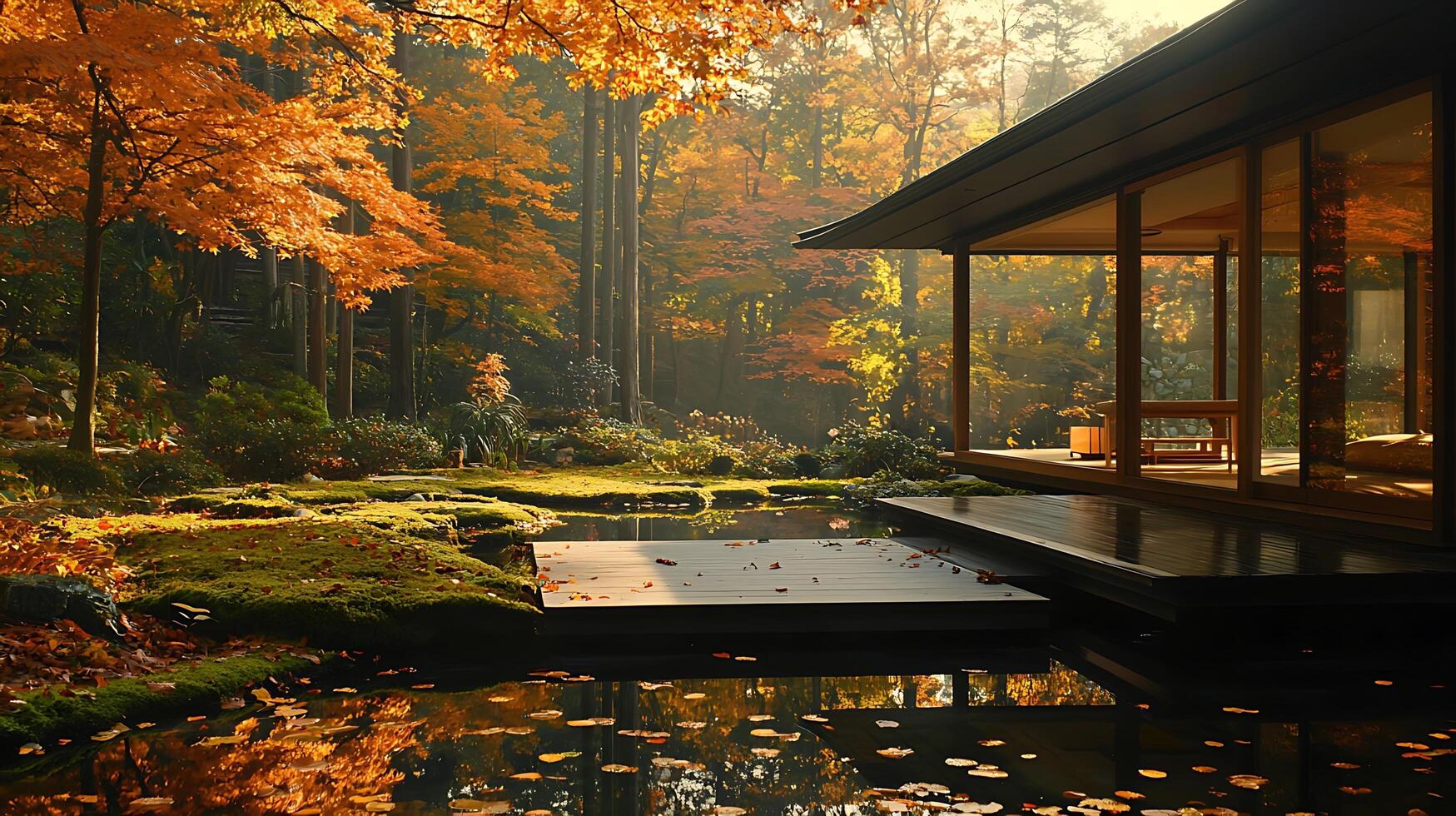 Serene Japanese Garden Pavilion at Sunset in Autumn. Experience the tranquil beauty of fall foliage reflecting in a calm pond outside a modern pavilion. photo