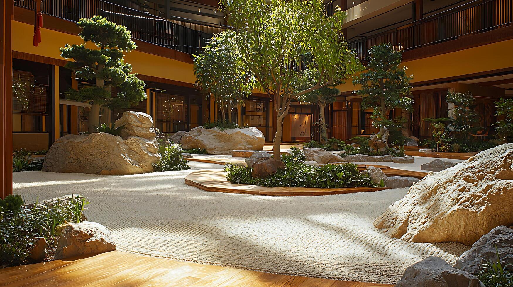Serene indoor Japanese garden with raked sand and natural rock formations. This peaceful oasis offers a calming atmosphere with lush greenery and warm ambient lighting. photo