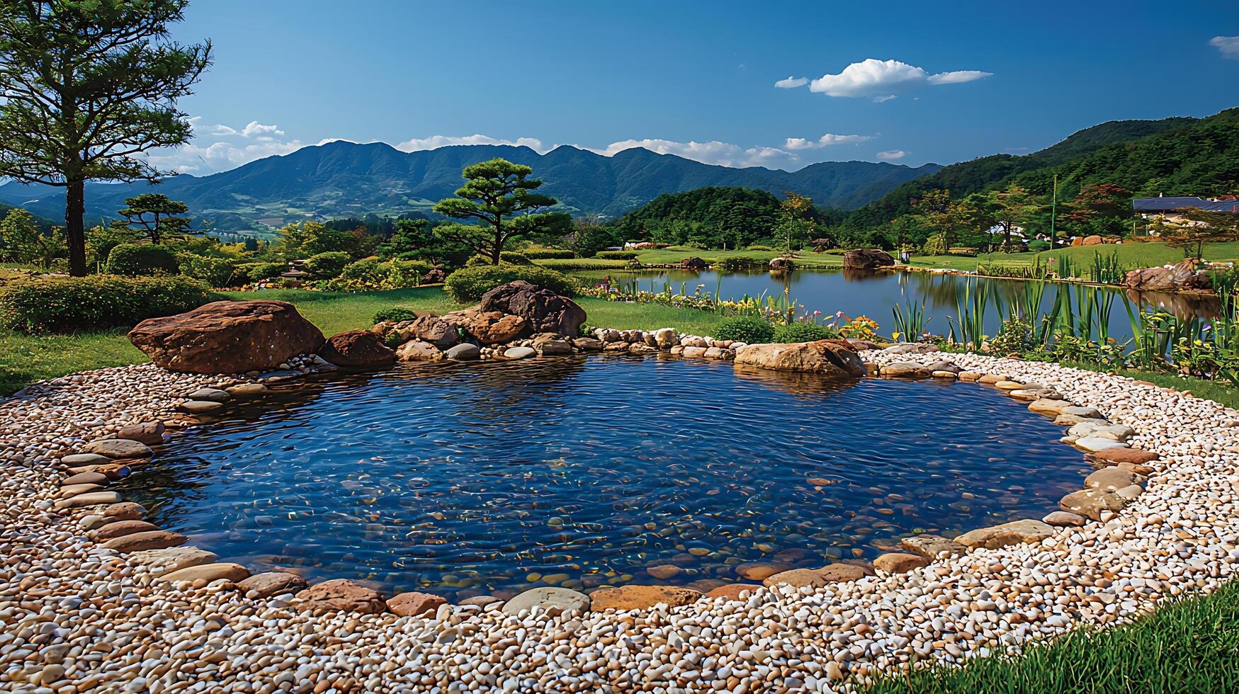 Serene Japanese Garden with Koi Pond and Mountain Backdrop. photo