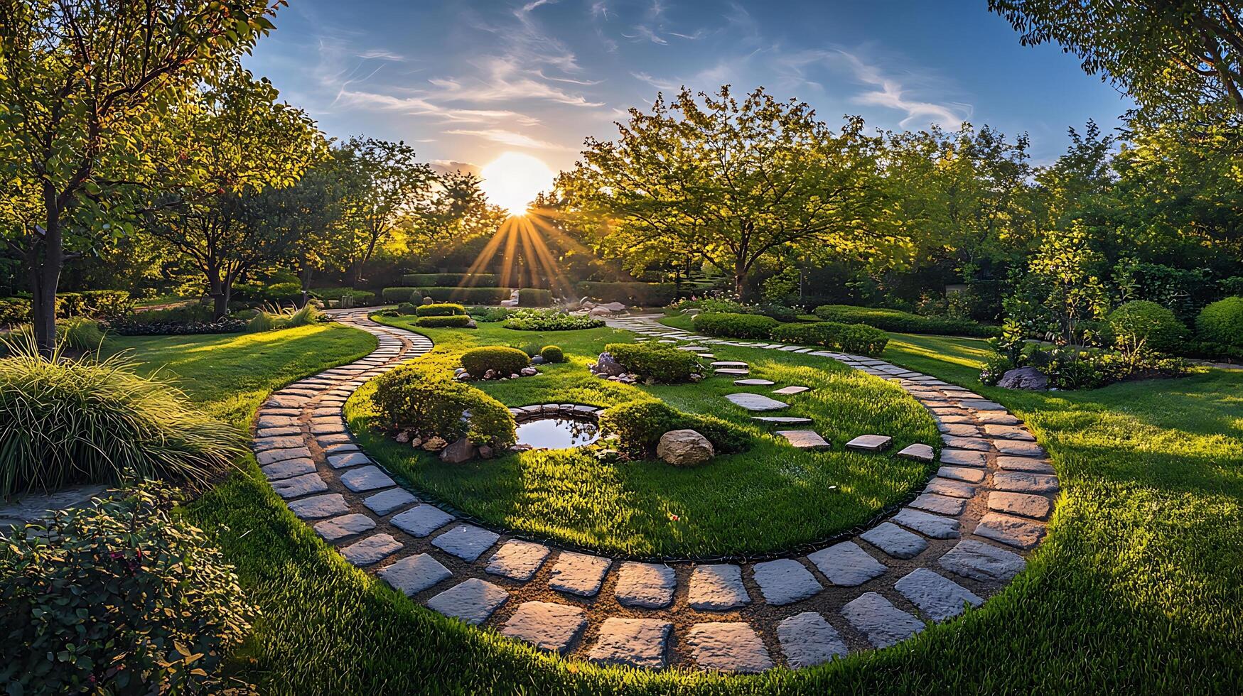 Serene garden pathway bathed in golden hour sunlight, showcasing lush greenery and a tranquil pond. photo