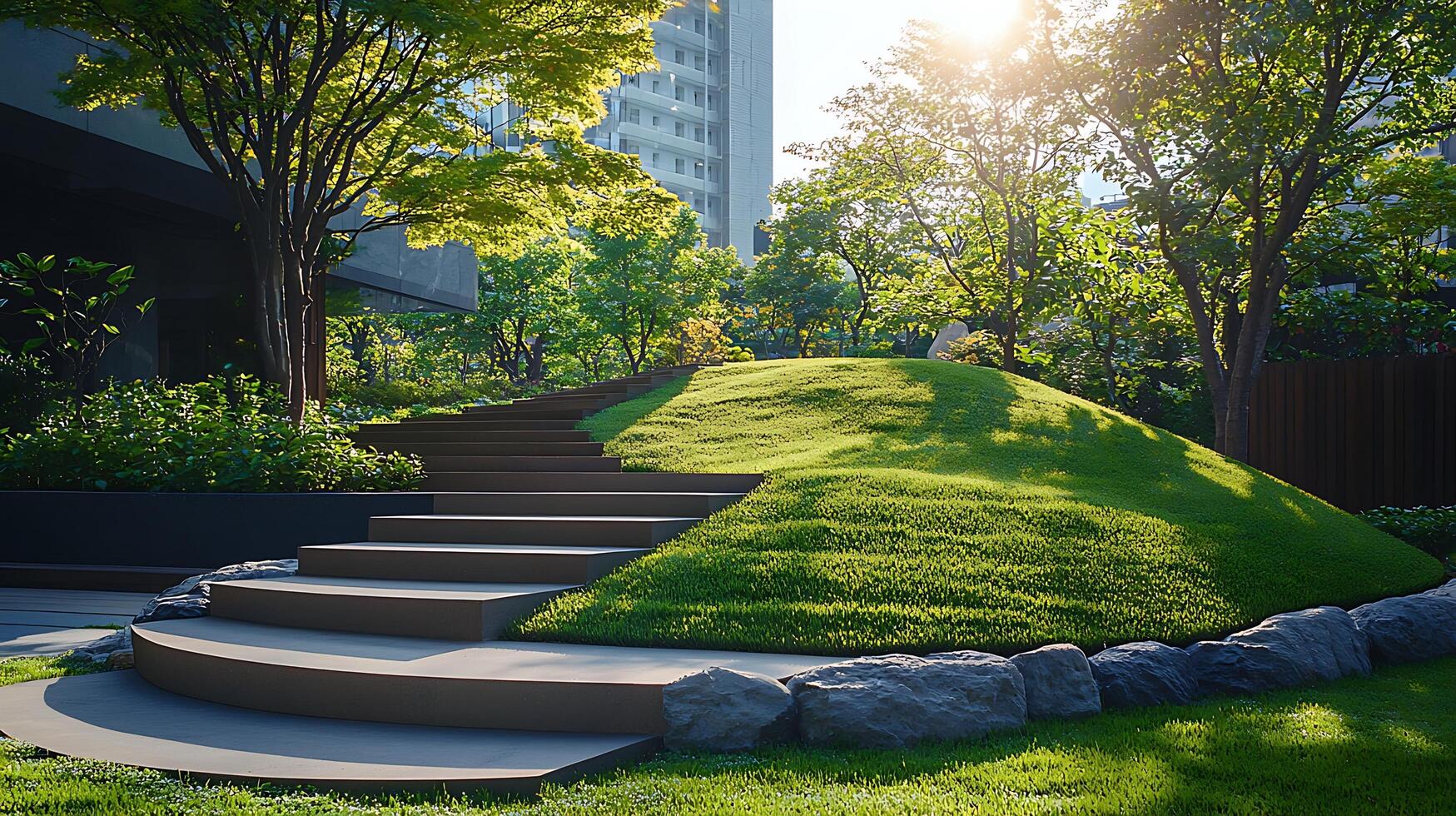 Modern Urban Garden with Sunlit Steps and Lush Greenery. This serene scene captures the beauty of a contemporary outdoor space, blending architectural design with natural elements under a bright sky. photo