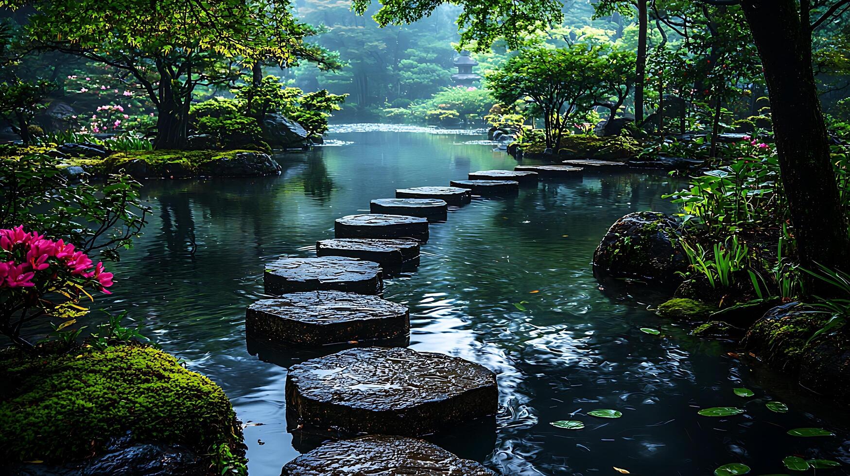 Serene Japanese garden pathway over tranquil water surrounded by lush greenery and vibrant flowers. photo