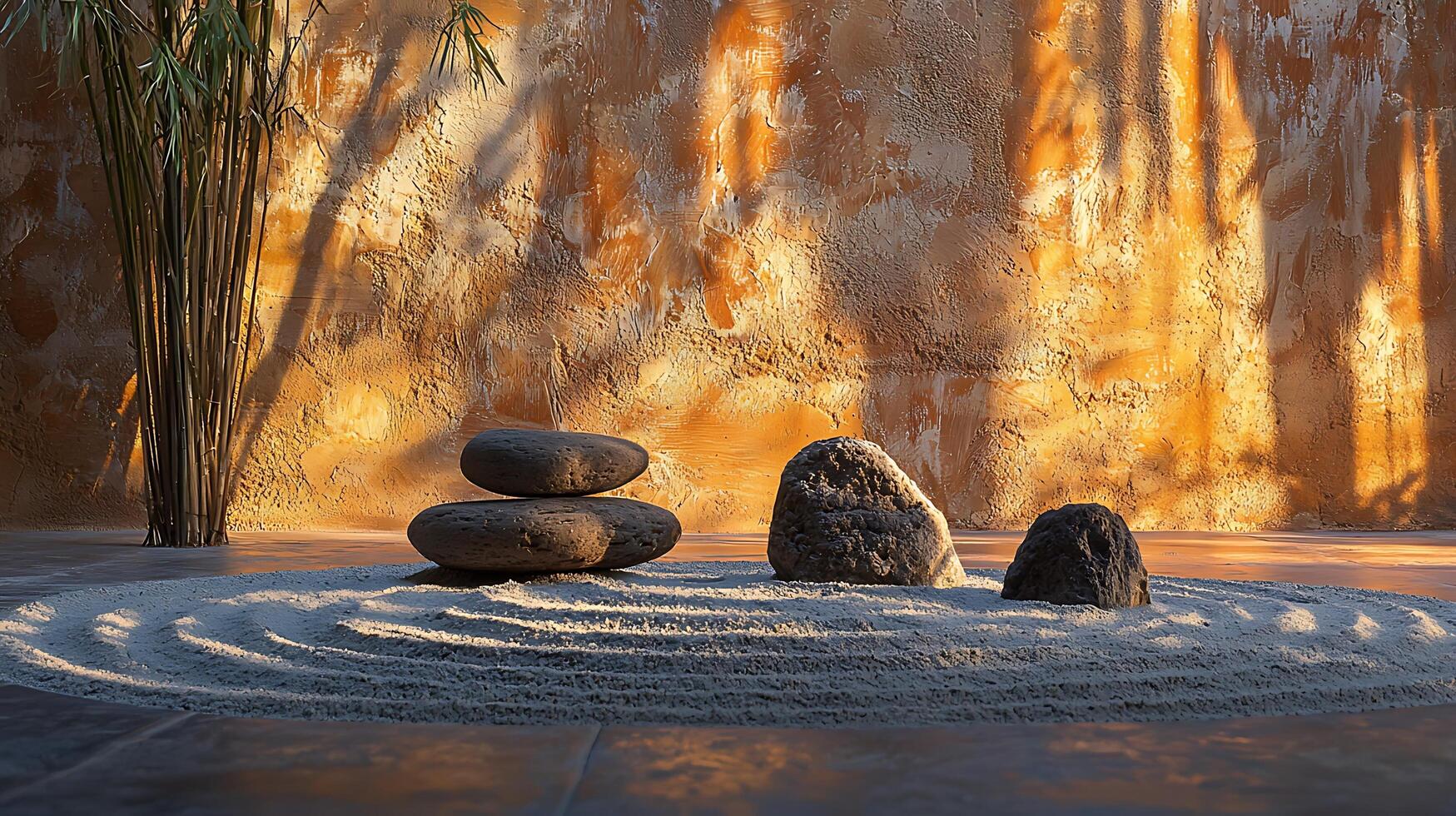 Serene Zen Garden with Stacked Stones and Bamboo in Golden Hour Light. photo