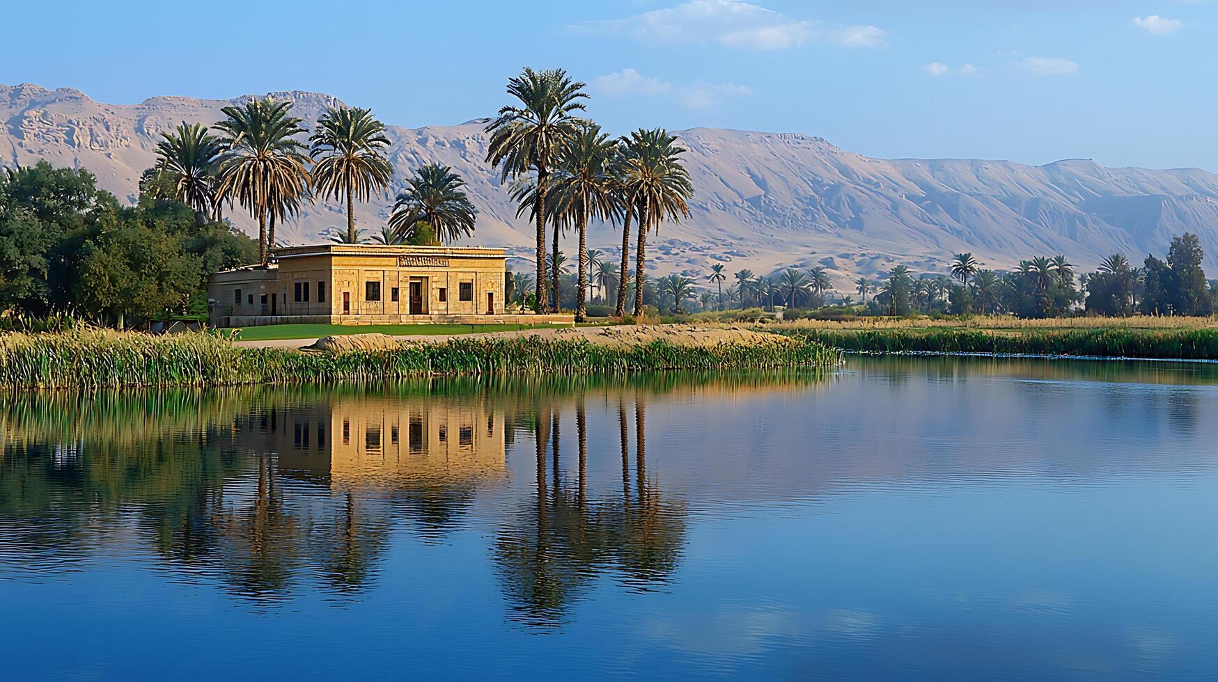 Tranquil Oasis with Ancient Building and Mountain Backdrop. photo