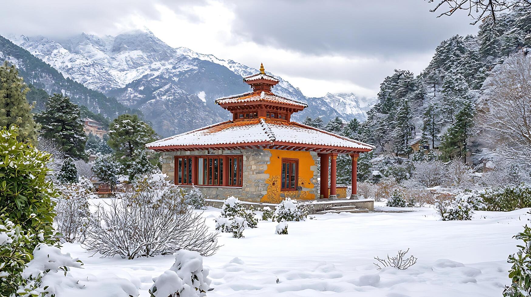 Serene snow covered building nestled amongst snowy mountains. photo