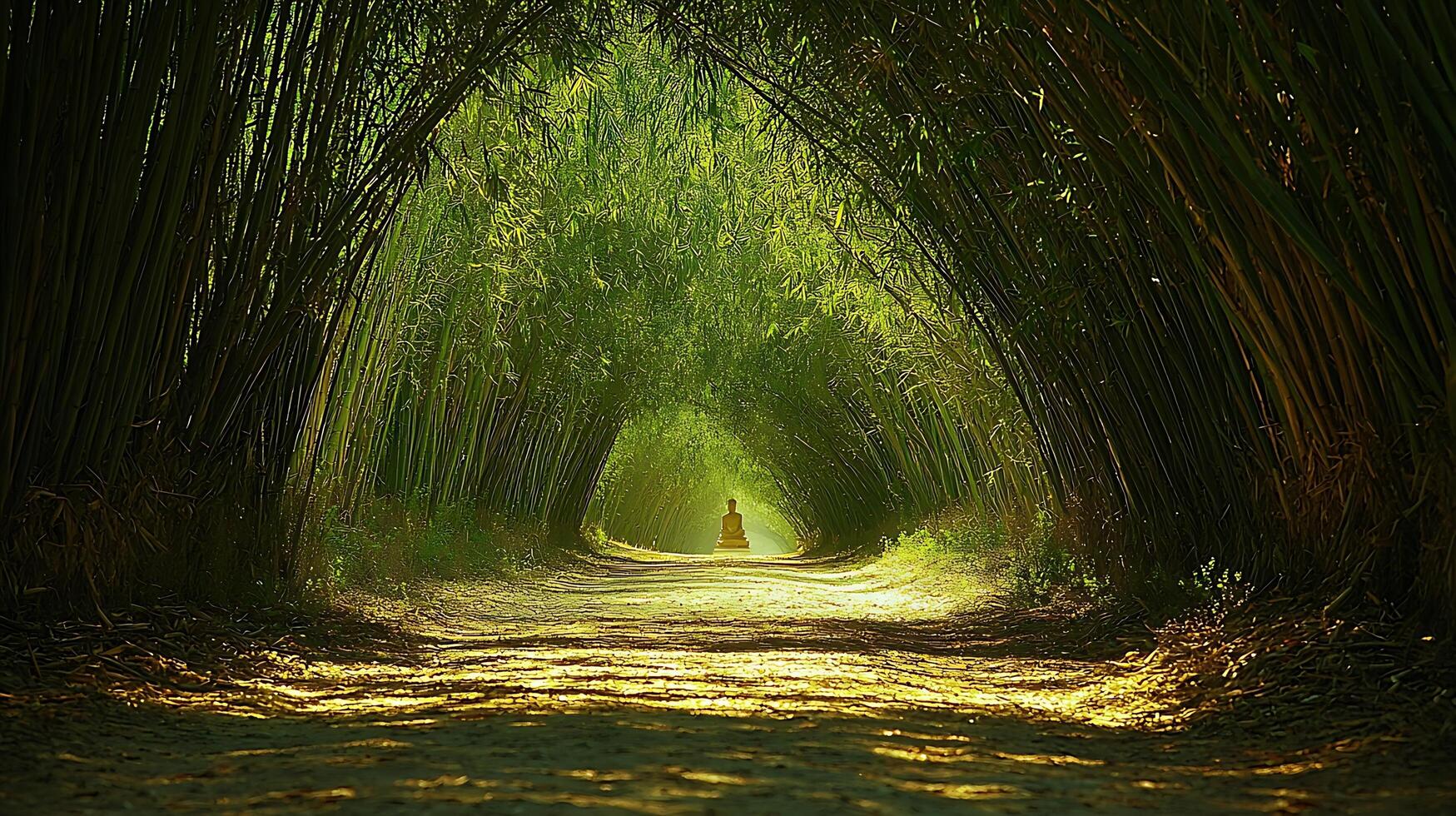 Serene bamboo forest path bathed in golden sunlight with a distant Buddha statue. photo