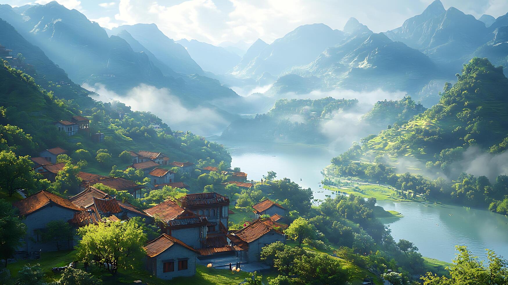 Serene Mountain Village Nestled Beside a Gentle River. This picturesque scene captures the tranquility of a rural settlement surrounded by lush green mountains and a calm river. photo