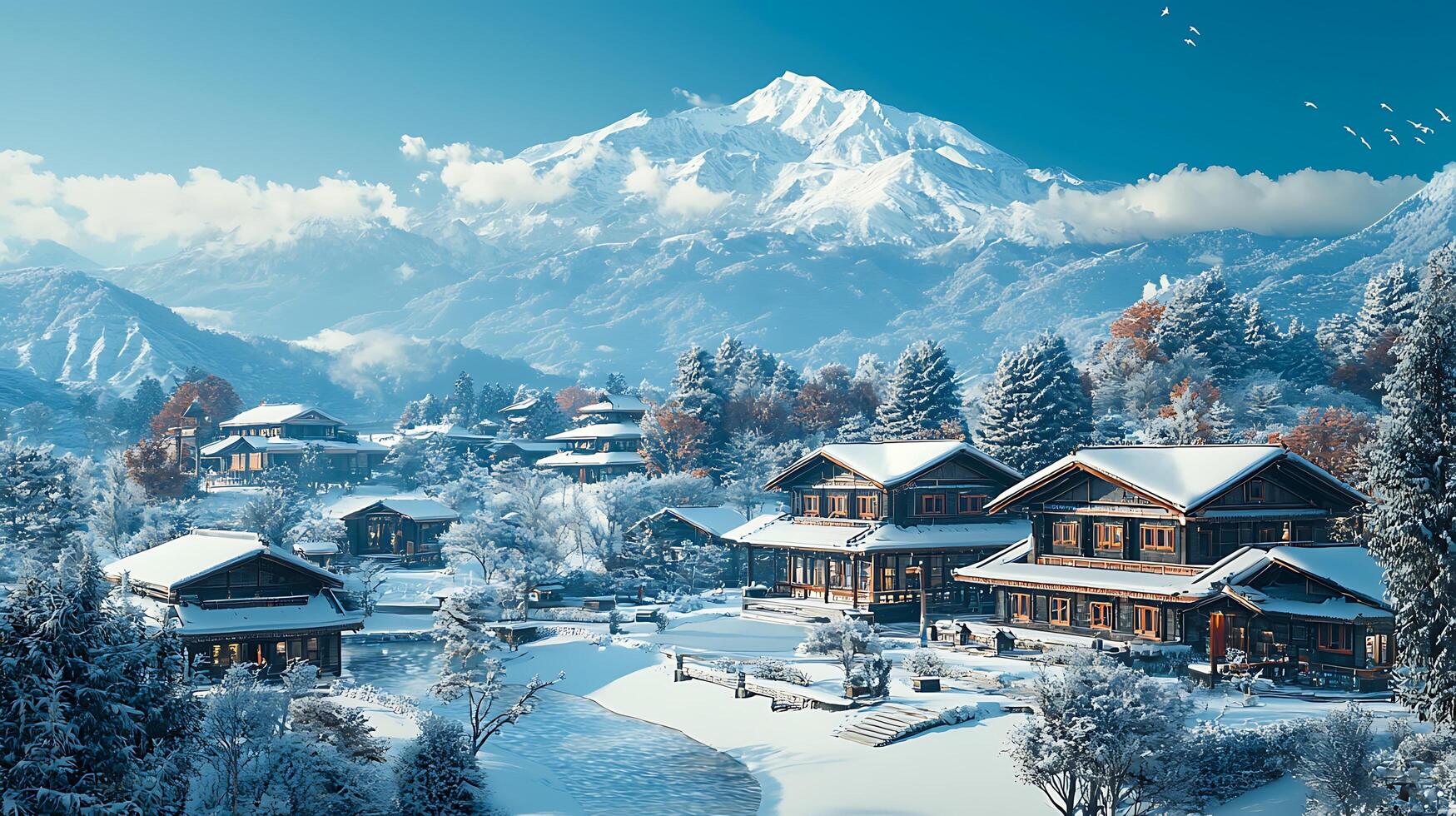 A serene winter village nestled at the base of a majestic snow capped mountain range. Idyllic scene depicts traditional architecture blanketed in fresh snow under a clear blue sky with soaring birds. photo