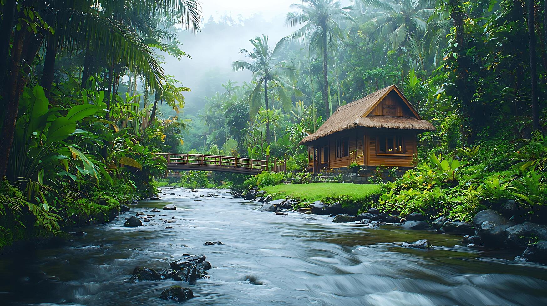 Serene jungle bungalow nestled beside a flowing river and wooden bridge. photo