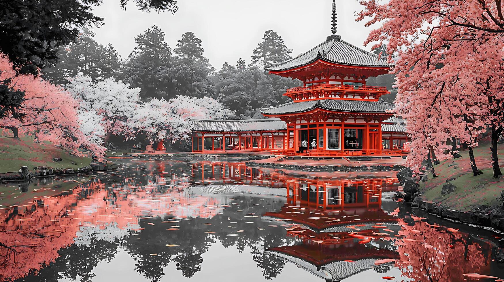 Serene Japanese Pagoda Reflected in a Tranquil Pond Amidst Cherry Blossoms. photo