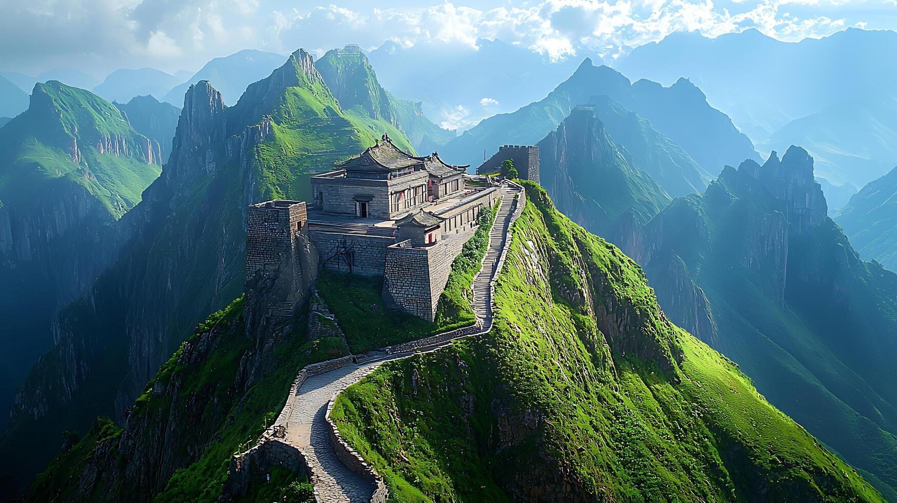 Ancient fortified citadel perched atop a dramatic, mist shrouded mountain range. photo