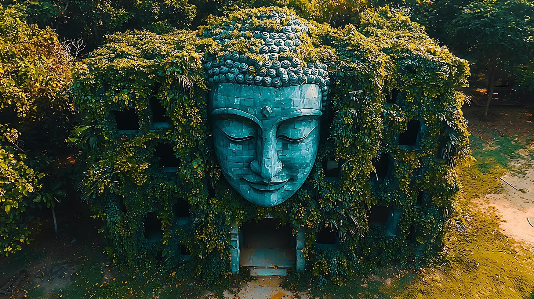 Ancient Buddha Head Sculpture Overgrown with Lush Greenery. photo
