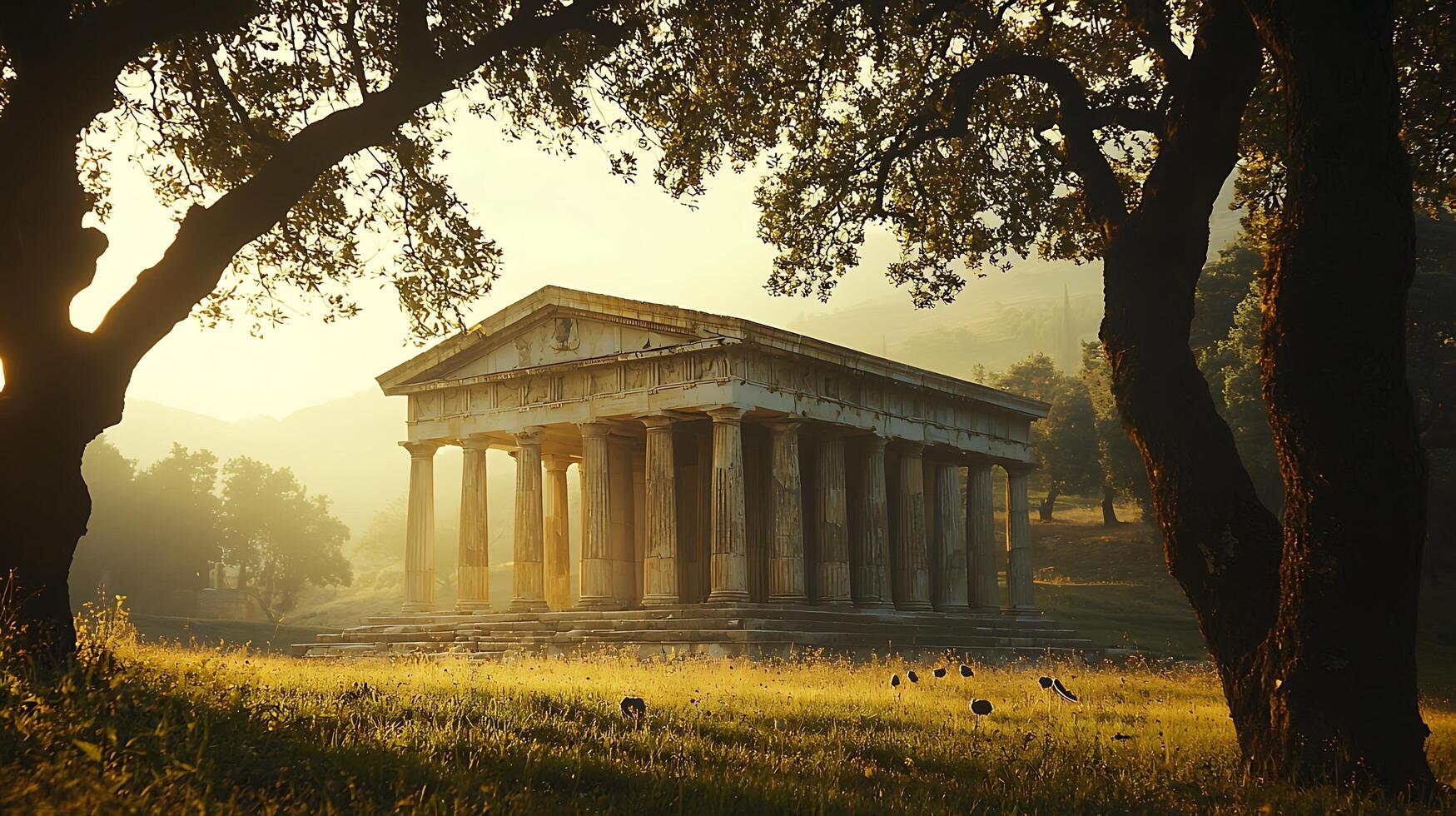 Ancient Greek Temple bathed in Golden Sunrise light. photo