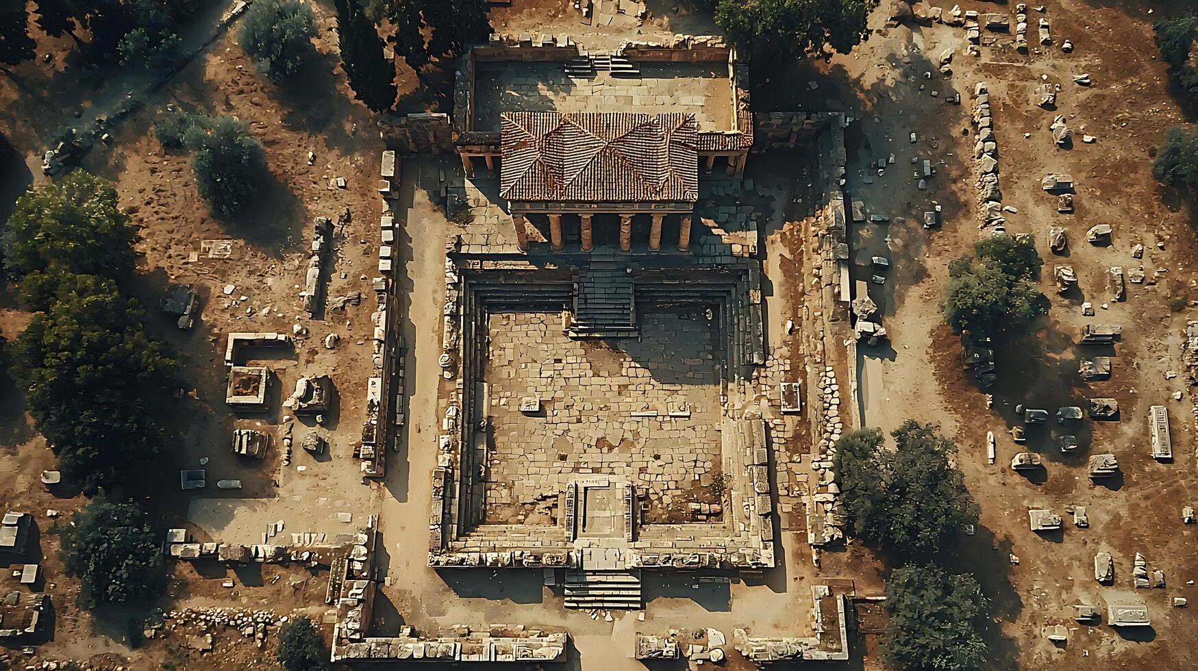 Aerial view of ancient archaeological site with crumbling stone structures and surrounding greenery. photo