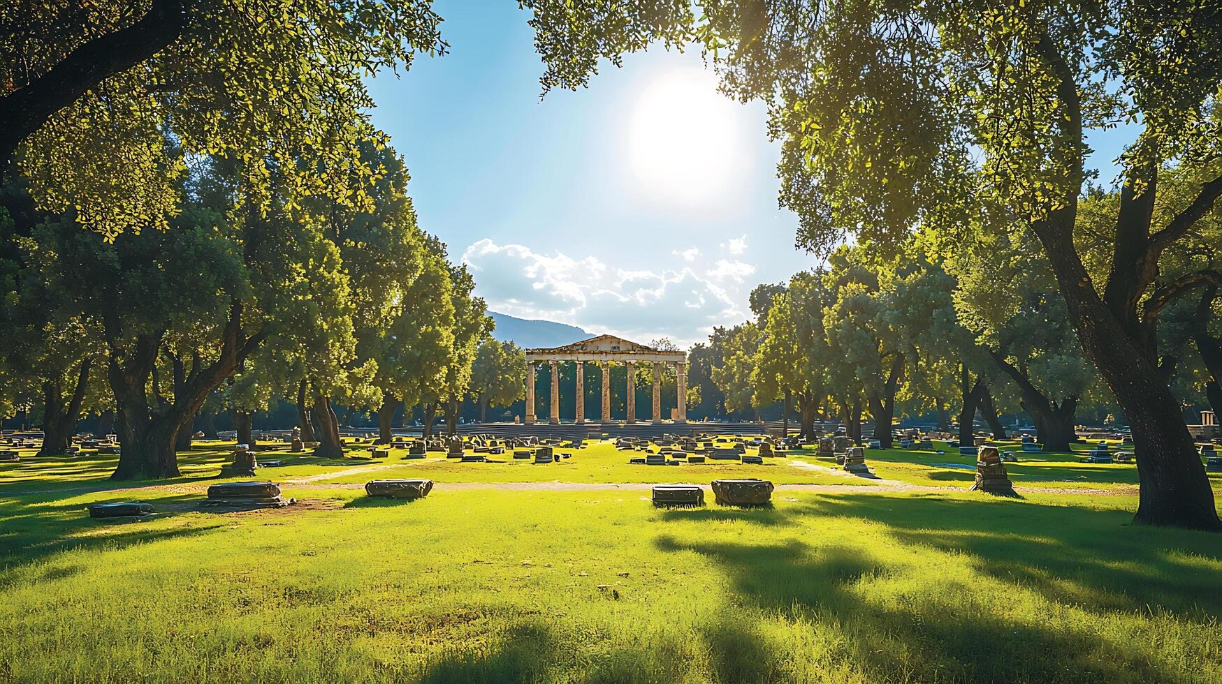 Ancient Greek Ruins Bathed in Golden Sunlight. photo