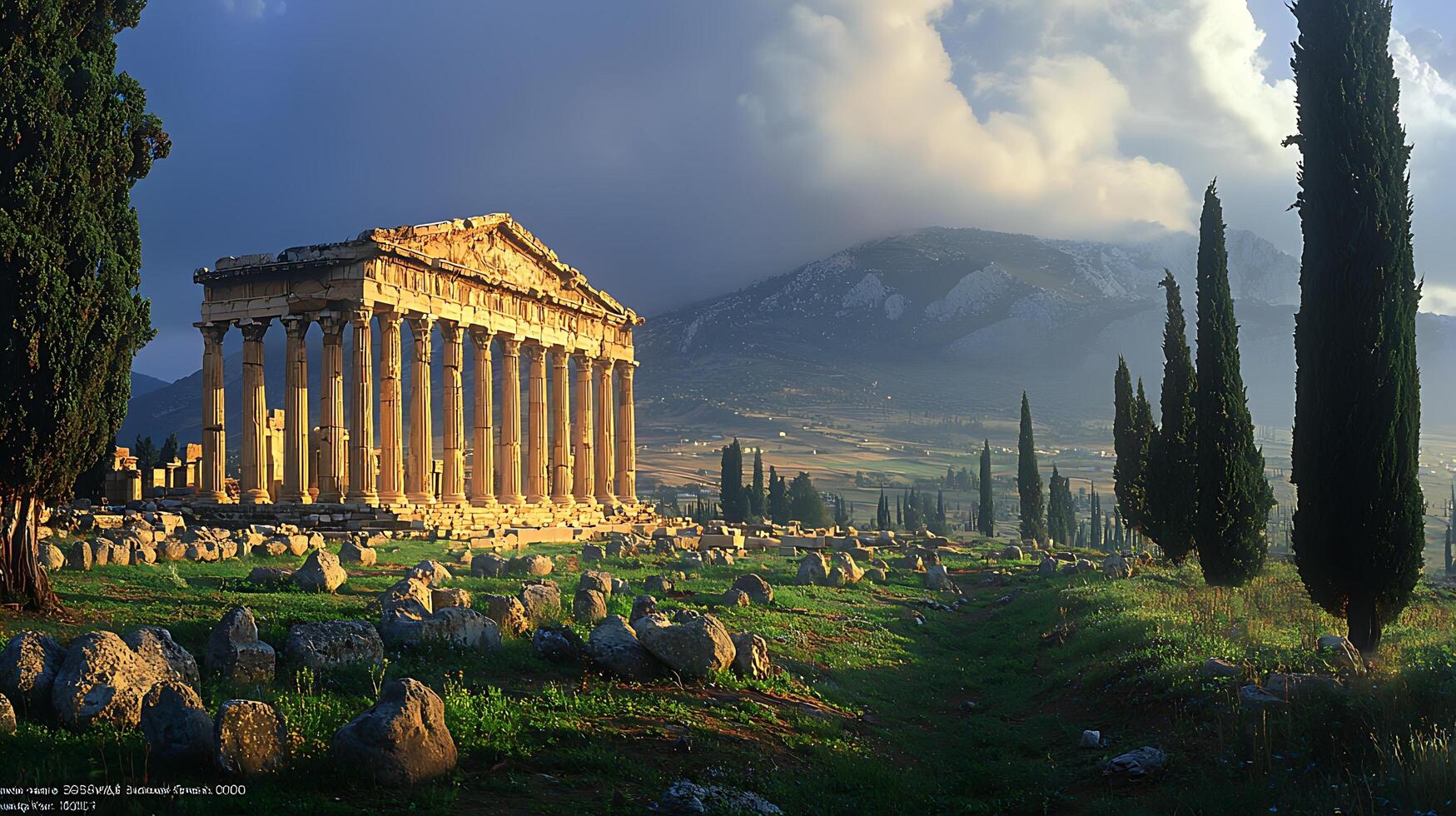 Ancient Greek Temple Ruins Bathed in Golden Sunlight. Majestic columns stand amidst scattered stones and cypress trees, with rolling hills and mountains in the background under a dramatic sky. photo