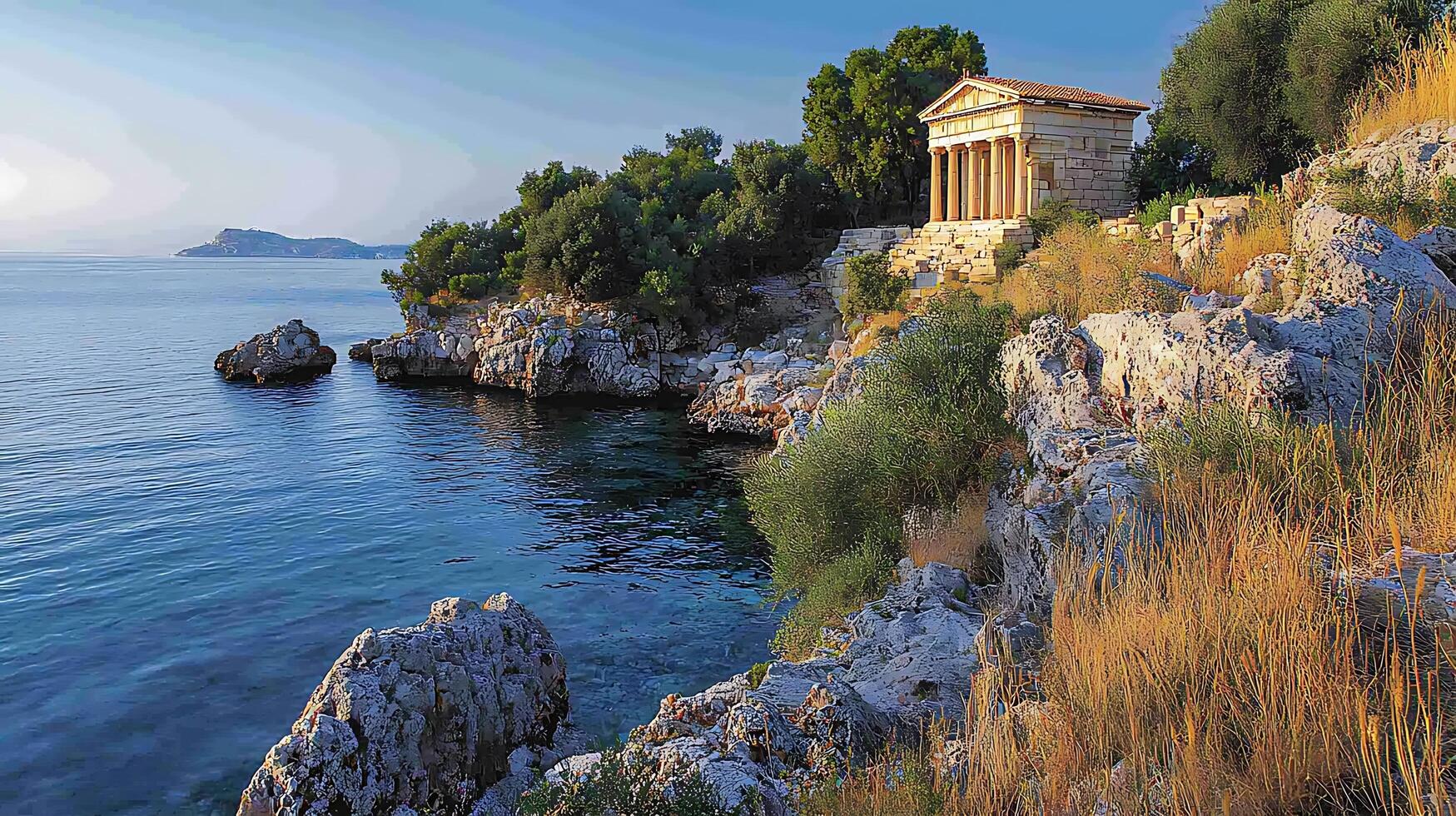 Ancient Greek Temple Overlooking the Azure Sea. photo