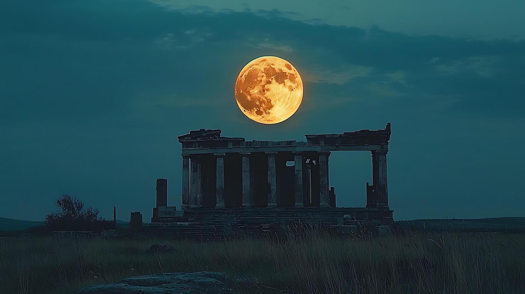 Ethereal full moon illuminating ancient ruins in a dramatic twilight sky. This captivating image captures the mystique of a historical site bathed in the warm glow of a celestial body. photo