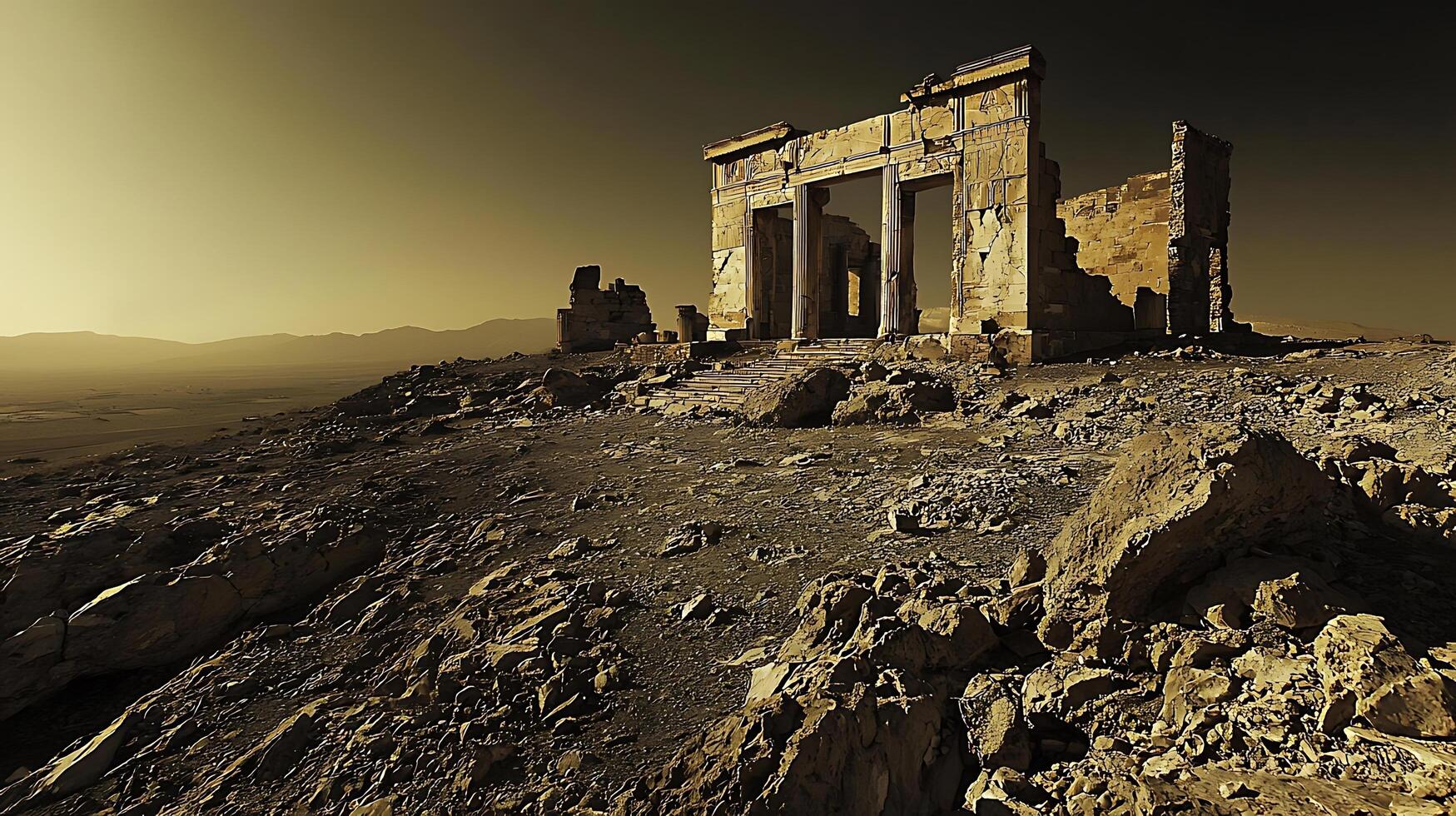 Ancient ruins stand on a rocky hill under a hazy sky. These weathered stone structures evoke a sense of history and timelessness. photo