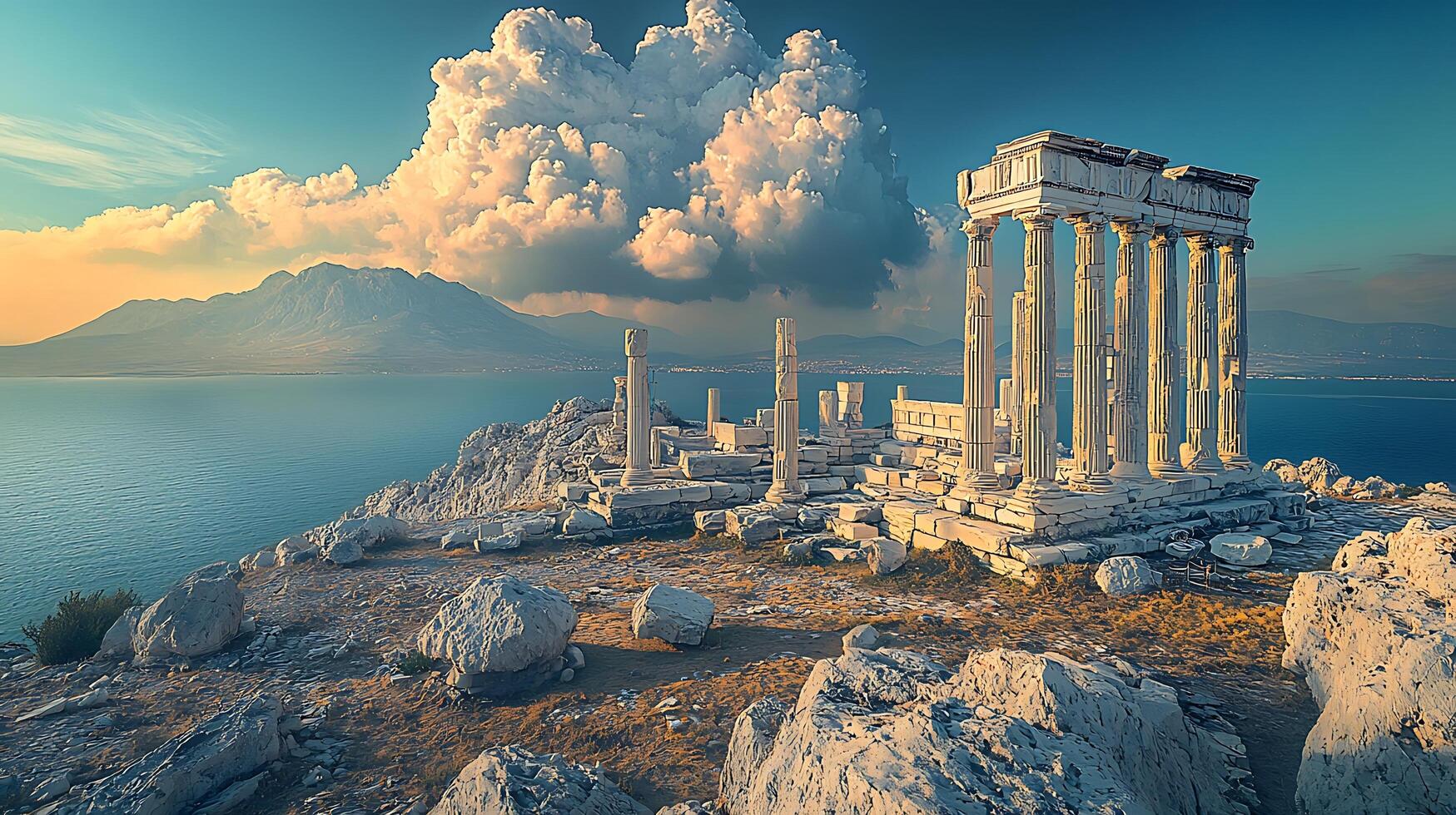 Ancient Greek Ruins Overlooking a Calm Sea at Sunset. photo