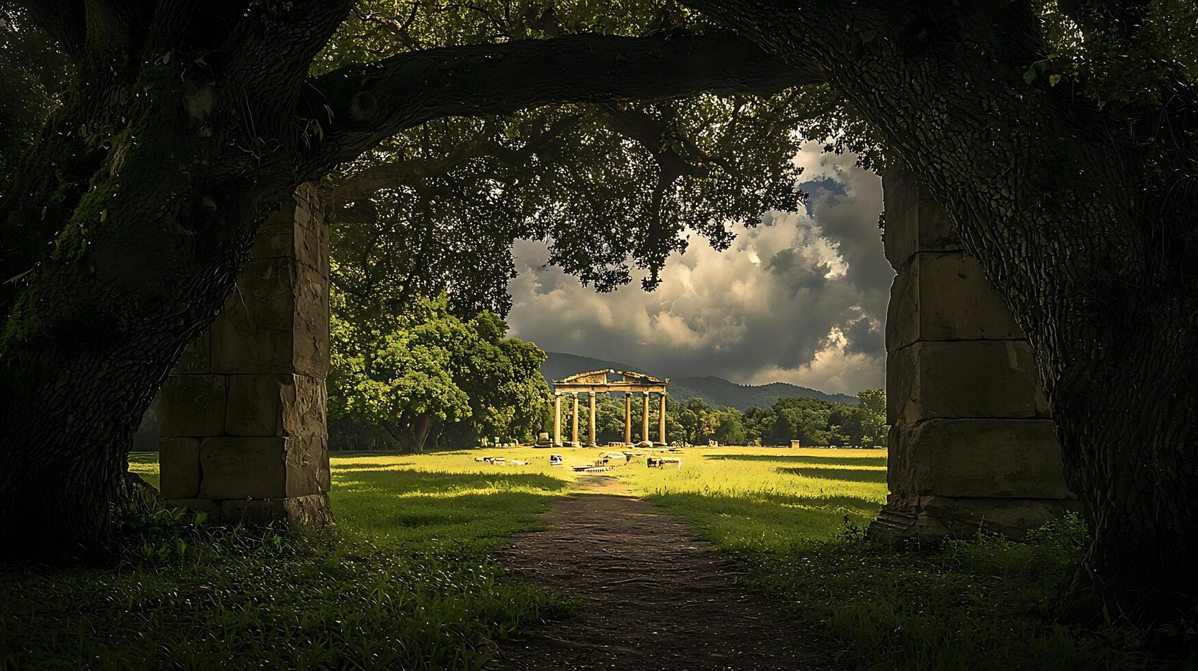 Ancient Ruins Framed by Majestic Trees and Dramatic Skies. This image captures the timeless beauty of historical architecture emerging from a lush, green landscape under a dynamic cloud formation. photo