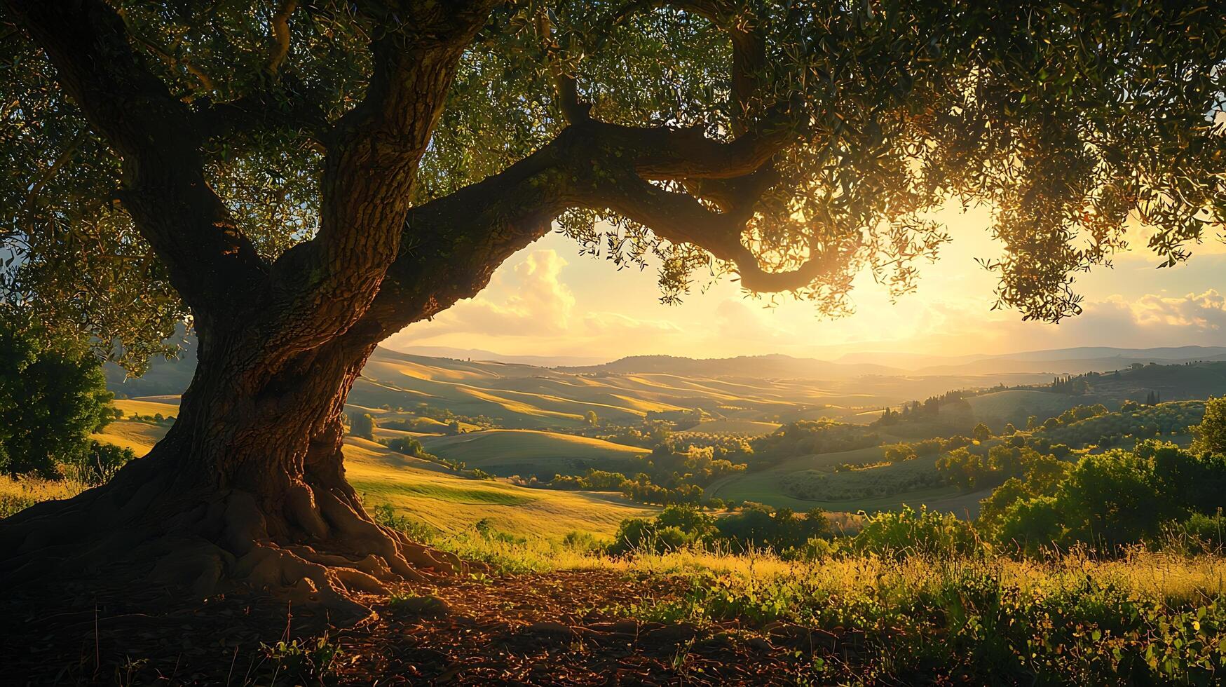 Ancient olive tree framing rolling hills bathed in golden sunset light. photo