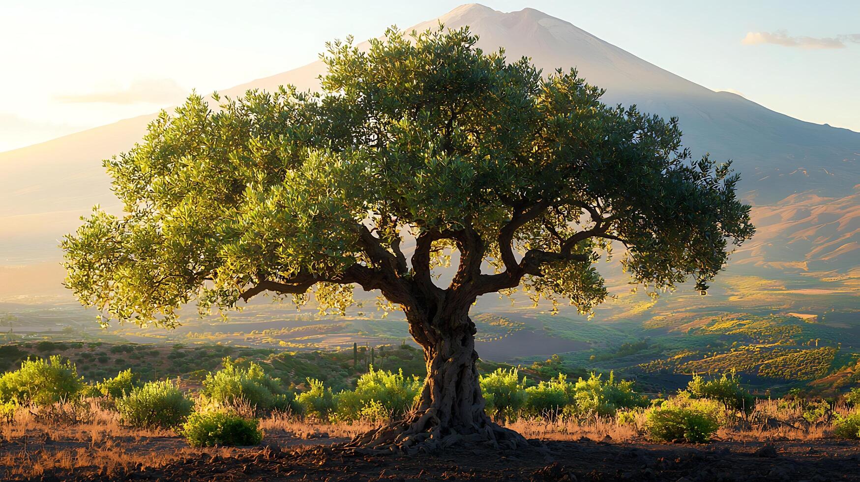 Ancient Olive Tree Silhouetted Against a Majestic Mountain at Sunset. photo