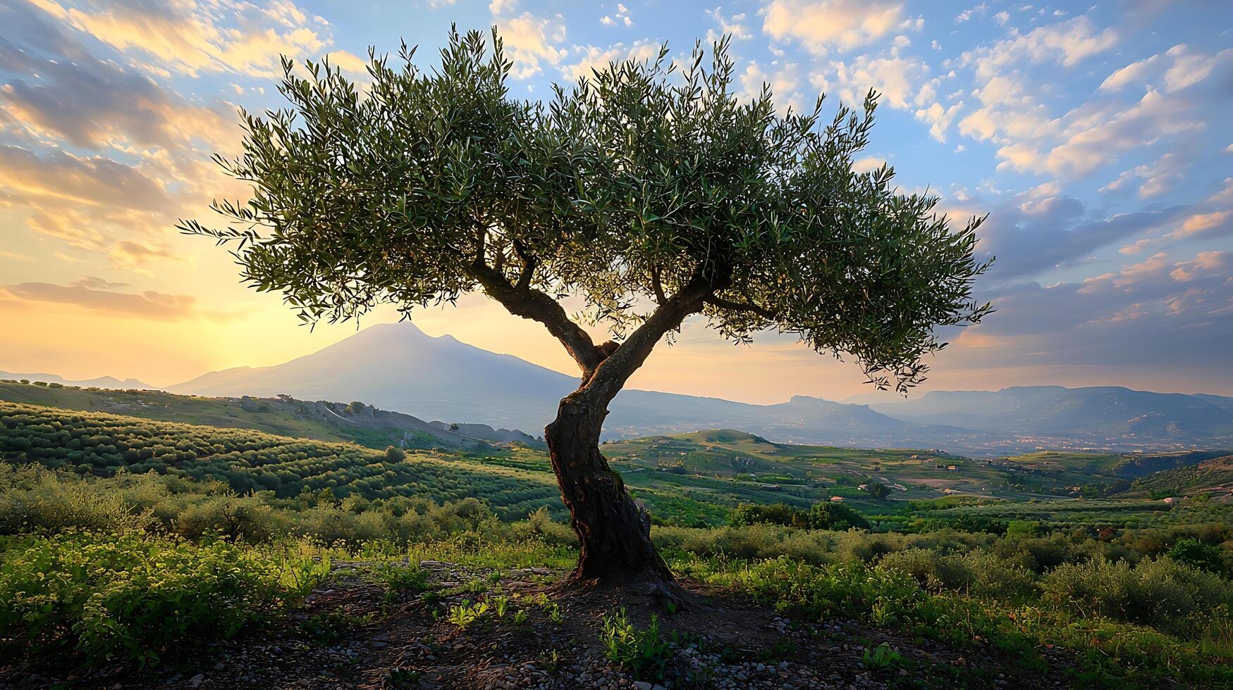Majestic olive tree stands tall in rolling hills at sunrise. The soft golden light illuminates the landscape and a distant mountain. photo