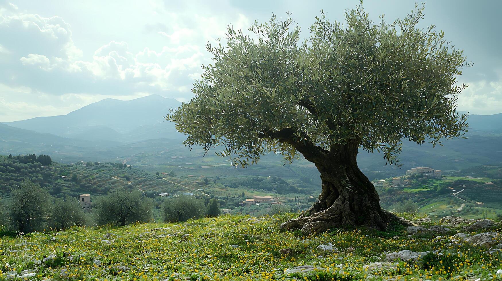 Ancient olive tree on a hillside overlooking rolling green valleys and distant mountains. photo