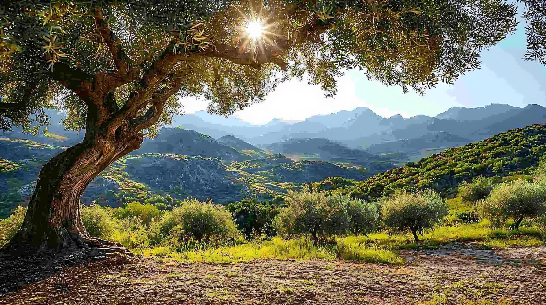 Majestic old olive tree bathed in golden sunlight overlooking a serene mountain landscape. photo