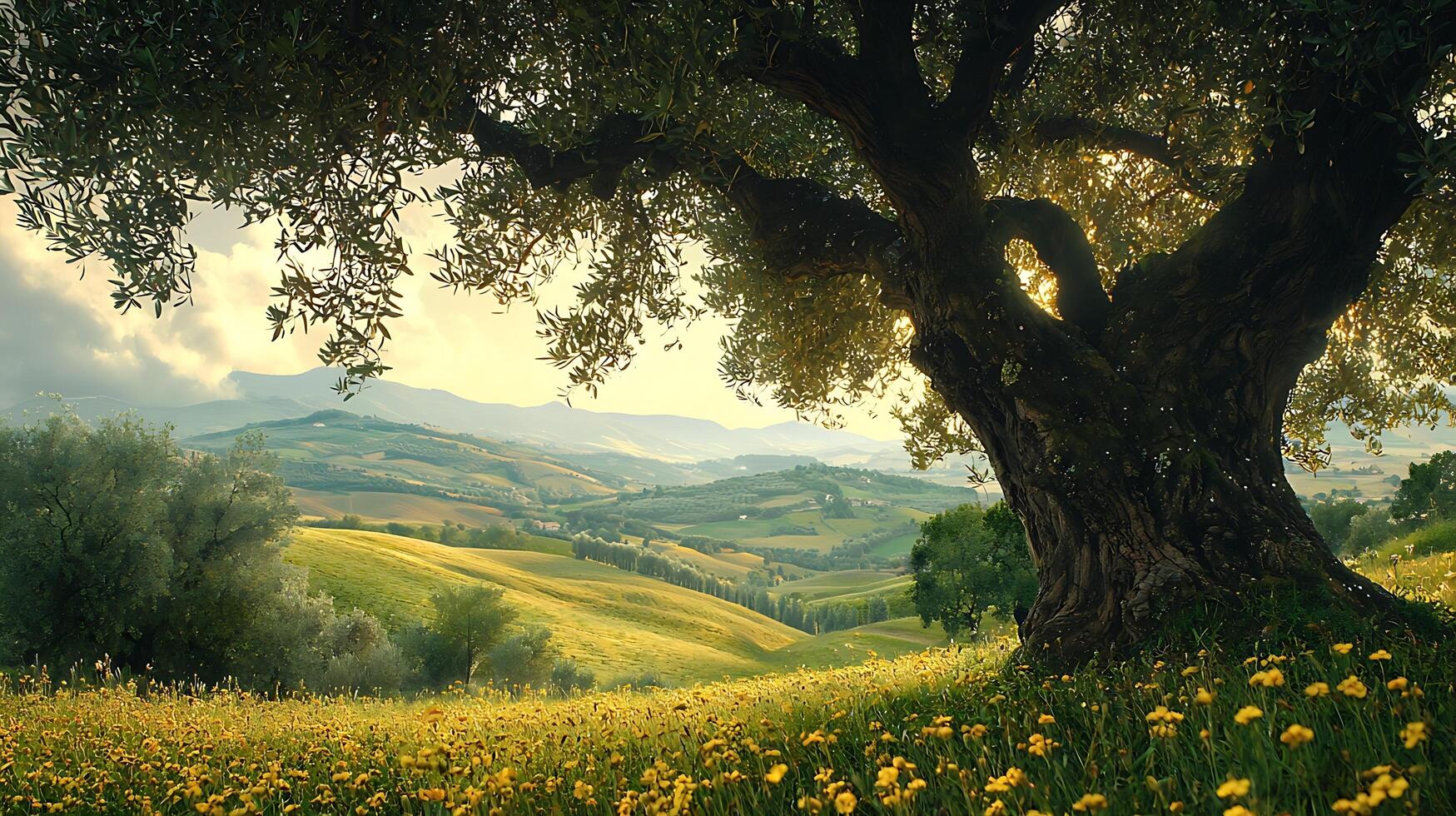 Ancient Olive Tree Overlooking Rolling Tuscan Hills in Golden Hour. photo