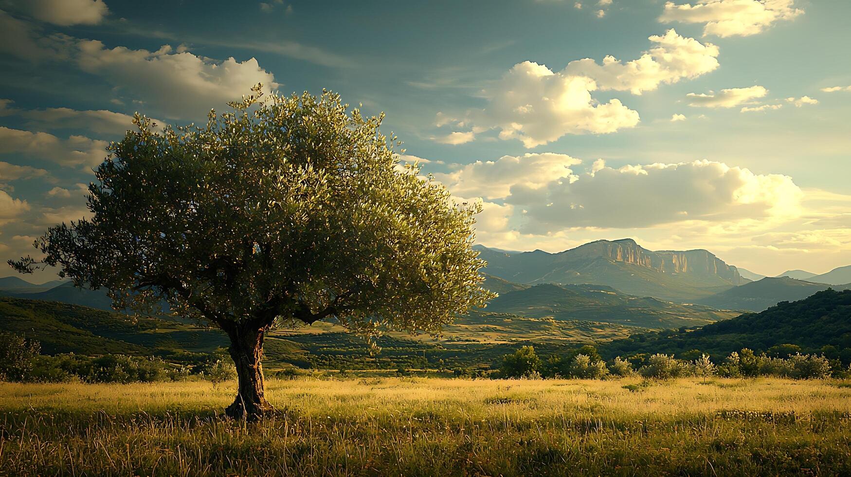 Solitary Olive Tree in a Golden Field Under a Cloudy Sky. photo