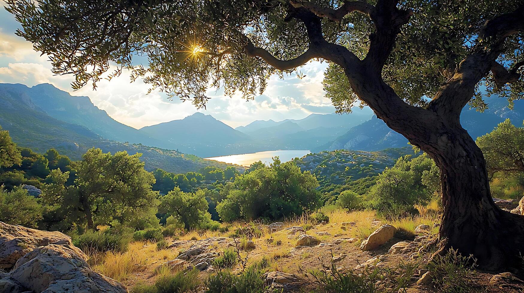 Scenic Mediterranean landscape with an ancient olive tree overlooking a tranquil bay at sunset. photo