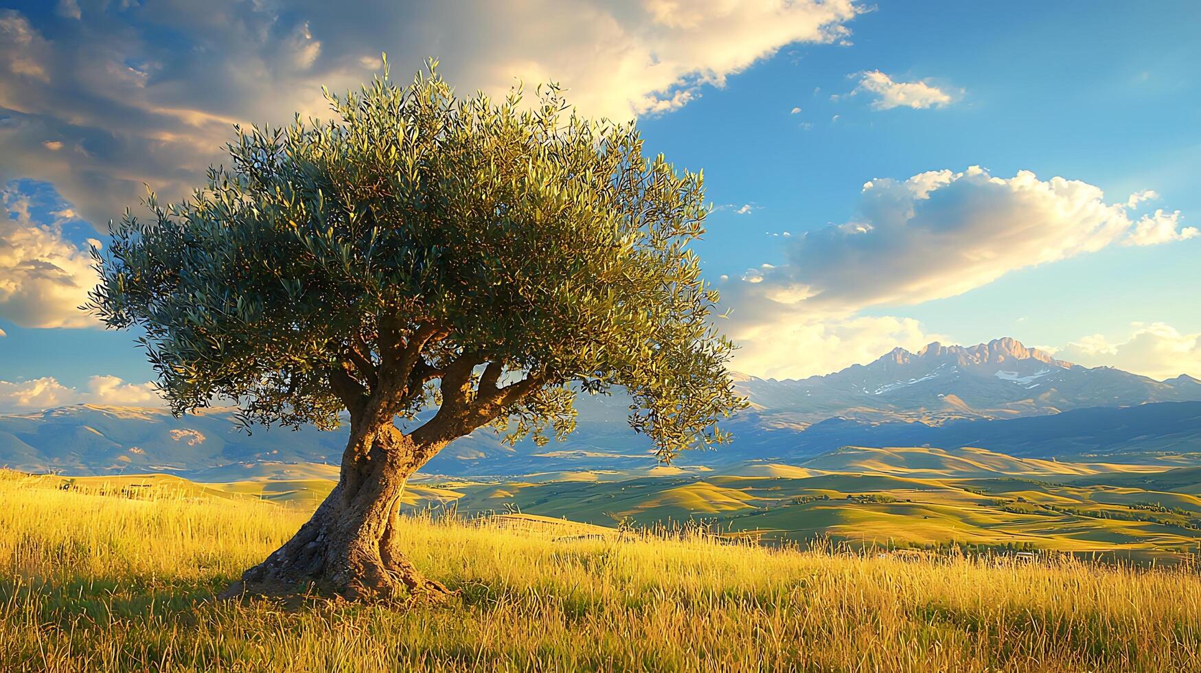 Ancient Olive Tree Under a Dramatic Sky in Rolling Hills. A solitary, gnarled olive tree stands majestically in a sun drenched field, overlooking a breathtaking mountain range under a vibrant sky. photo