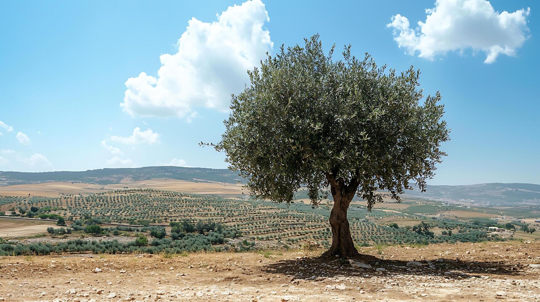 An ancient olive tree stands solitary in a vast agricultural landscape under a bright blue sky. photo