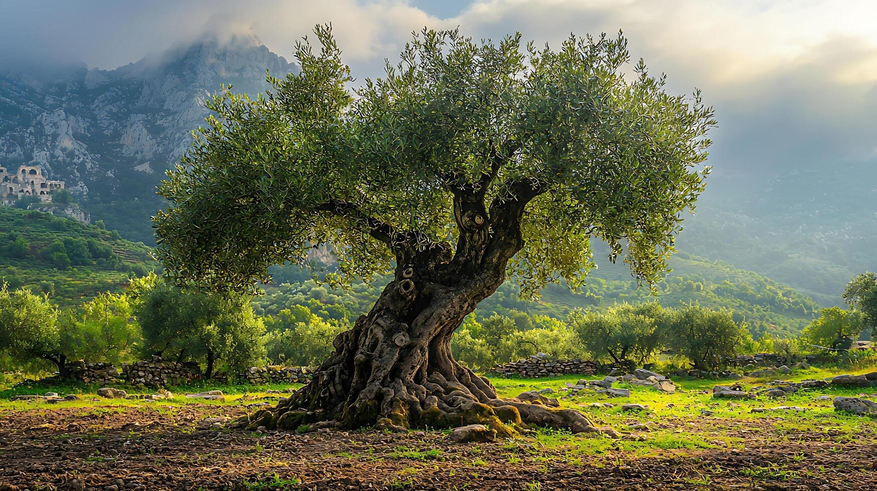 Ancient Olive Tree Flourishes in Scenic Mountain Landscape. A testament to time and nature, this venerable olive tree stands majestically against a backdrop of misty mountains and verdant hills. photo